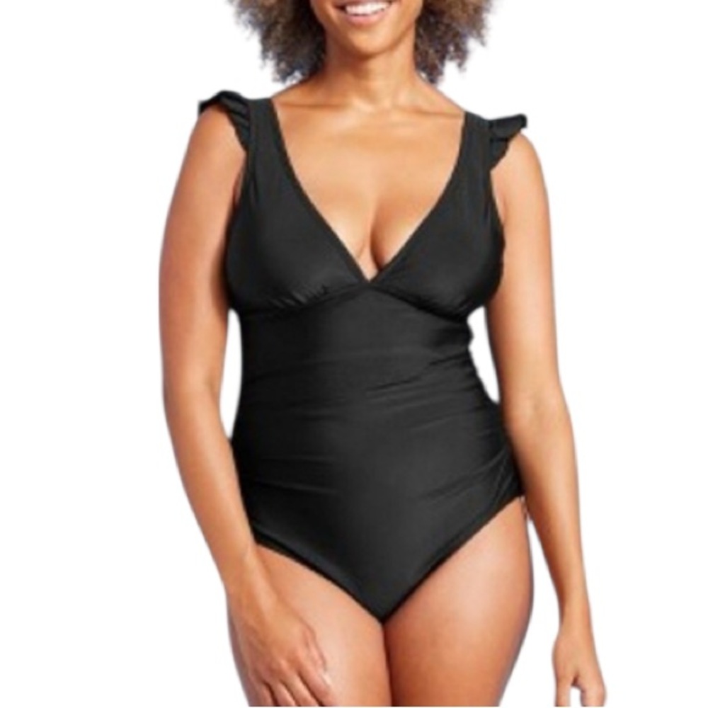 Kona Sol black full coverage v-neck ruffle strap one piece bathing suit size 14